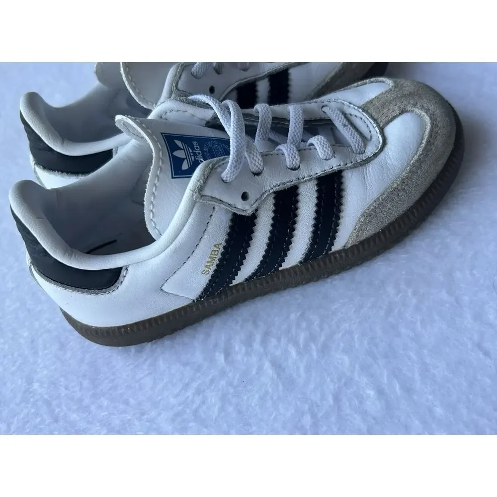 adidas Samba Unisex Kids White/Black Leather Lace-Up Low Top 9 US 26 EU IE3679